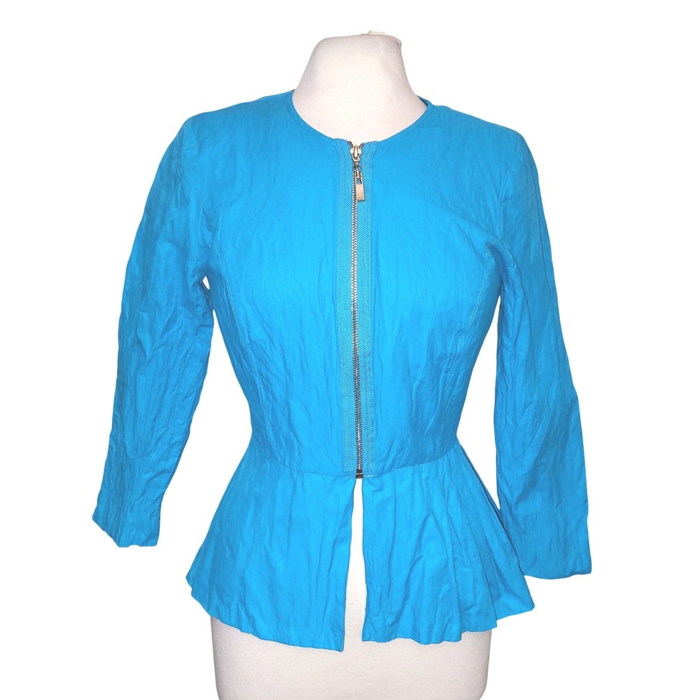 Anthropologie Luii Turquoise Blue Crepe Fitted Peplum Zip Up Jacket Blazer M - Picture 1 of 8